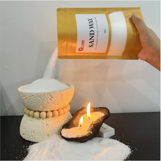 Pearl candle wax poured from a POSISION pouch beside a bowl of lit pearl candles